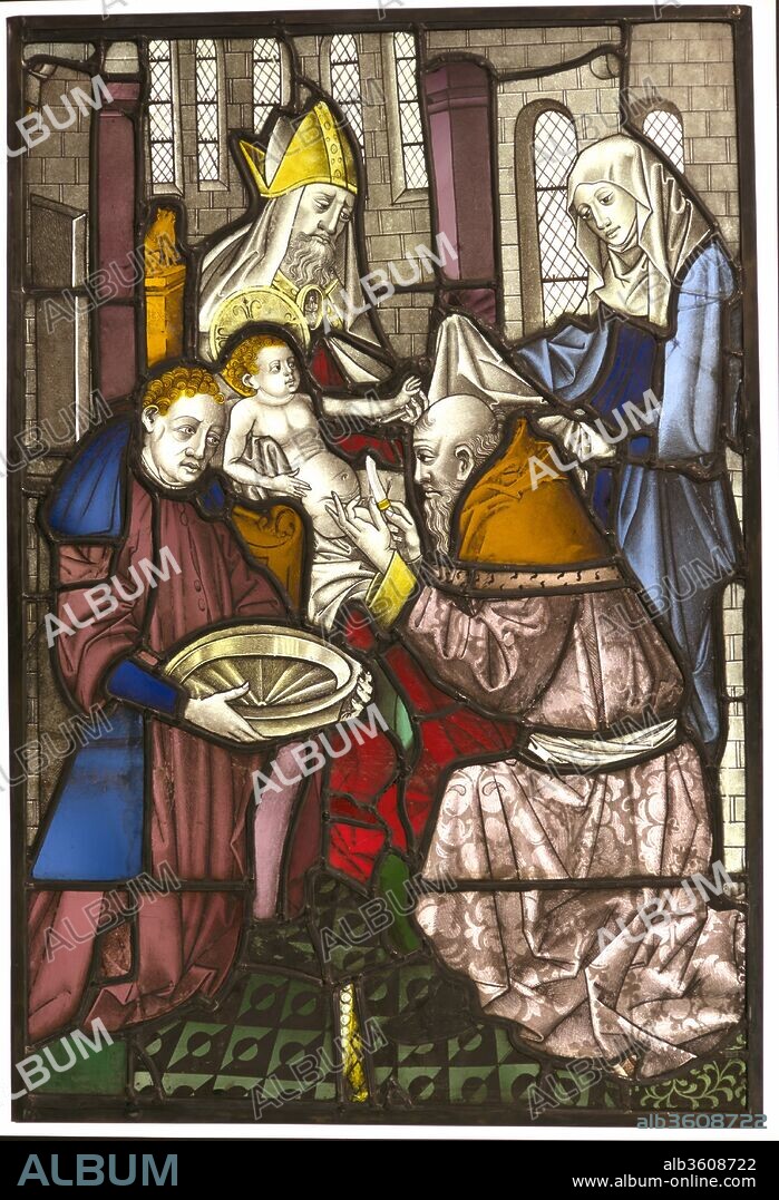 The Circumcision. Culture: German. Dimensions: Overall: 32 3/16 x 22 x 1/2 in. (81.8 x 55.9 x 1.3 cm). Date: ca. 1460-70.
Made for the Kreuzbrüder ("Crutched Friars") in or near Cologne, this Circumcision scene is set in an architectural interior illuminated by blank glazings and paved with tiles of geometric ornament.  A mitred high priest sitting on a throne supports the Christ child on his lap with a draped hand. Two male figures kneel before him.  The elder -- bald, bearded and dressed in rich robes -- holds a knife in his right hand as he initiates the circumcision.  His young assistant, graced with golden curls but more modestly attired, holds a broad metalwork charger. The glance and gesture of the Christ child identifies the standing female in a white wimple and robes of blue as his mother, the Virgin, who witnesses the event. The cool palette underscores the solemnity of the rite.