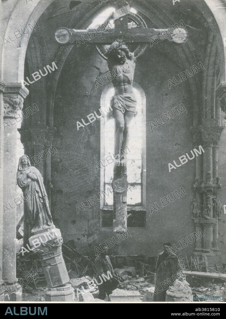 On September 4, 1914, a month after the beginning of WWI, the German army entered Reims. It was pushed back but it took refuge in the surrounding fortresses, and started bombardment for the next three and half years. Notre-Dame Cathedral was badly hit and received almost 300 shells. The siege ended with the destruction of more than 80 % of the town and the death of more than 5 000 casualties. This church was not identified as Reims Cathedral, but we were unable to find information about other churches damaged at Reims during WWI.