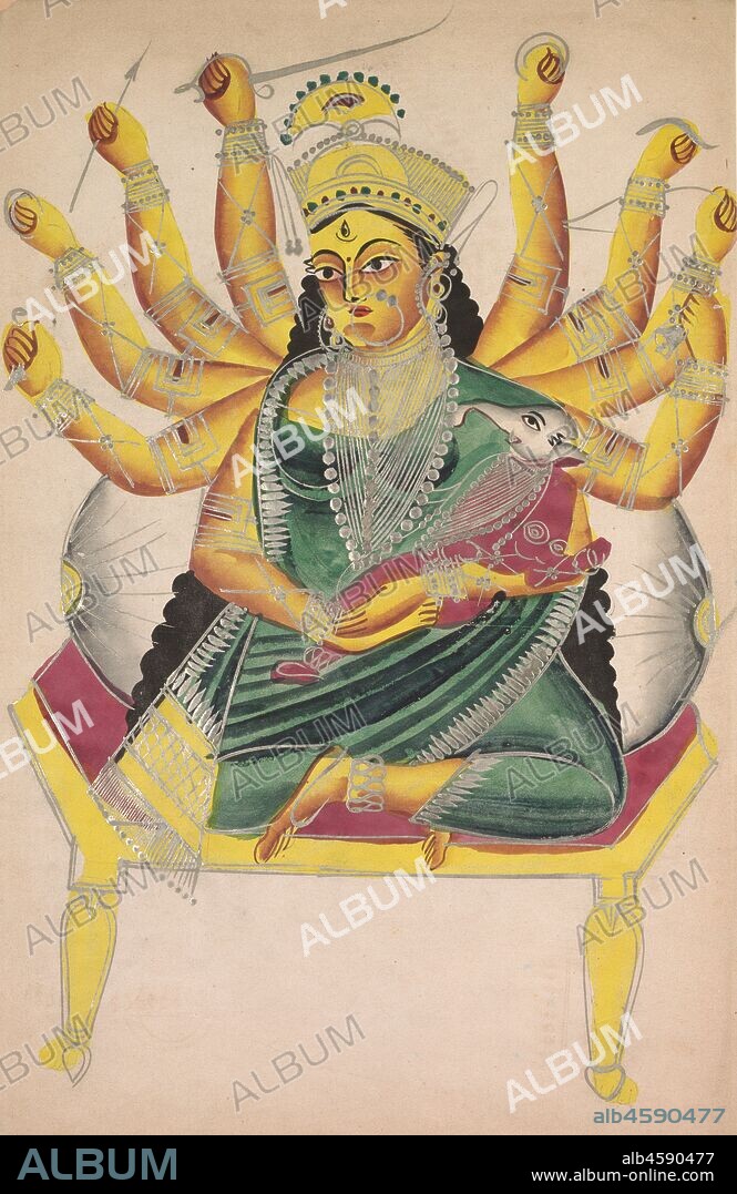 Ganesha-Janani (Mother of Ganesh), 1800s. The goddess Parvati is portrayed here with the infant Ganesh in her arms. Ganesh is the ever-popular elephant-headed deity who is worshipped as the mischievous god of obstructions and beginnings. Ganesh is fashioned from the dirt of Parvati?s body. At his mother?s request, Ganesh guarded her as she bathed, only to be confronted by the god Shiva, Parvati?s husband, who is refused entry. Not knowing that Ganesh is his son, Shiva cuts off his head and enters. Parvati demands that Ganesh be restored. Ganesh is often portrayed as an infant when depicted with his mother Parvati, highlighting his childlike character.