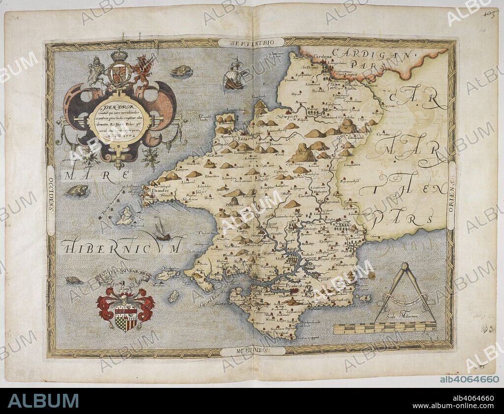 Map with the title 'Penbrok' (Pembrokshire, West Wales). Lord Burghley's Atlas. Maps of counties of England and Wales, printed and coloured; from drawings by Christopher Saxton. England [London], 1579. Source: Royal 18 D. III f.110. Language: English.