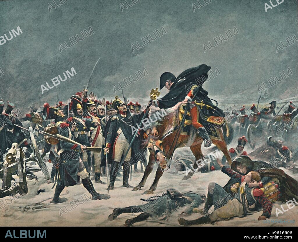 'The Fourteenth of the Line at Eylau', February 1807, (1896). The Battle of Eylau or Battle of Preussisch-Eylau, 7 and 8 February 1807, was a bloody and inconclusive battle between Napoleon's Grande Armée and the Imperial Russian Army under the command of Levin August, Count von Bennigsen near the town of Preussisch Eylau in East Prussia (present-day Bagrationovsk in Russia). Typogravure after the painting by Lionel Rover. From Life of Napoleon Bonaparte, Volume III, by William Milligan Sloane. [The Century Co., New York, 1896].