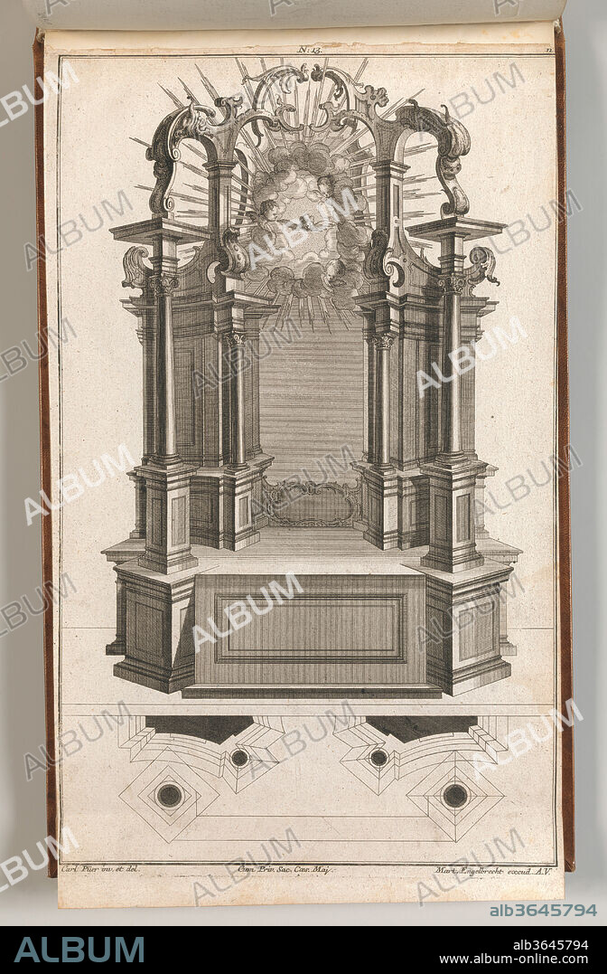 Design for a Monumental Altar, Plate n from 'Unterschiedliche Neu Inventierte Altäre mit darzu gehörigen Profillen u. Grundrißen.'. Artist: Carl Pier (German, active Augsburg, ca. 1750). Dimensions: Overall: 8 7/16 × 13 3/4 in. (21.5 × 35 cm). Publisher: Martin Engelbrecht (German, Augsburg 1684-1756 Augsburg). Date: Printed ca. 1750-56.
Ornament print with a design for an altar in a late Baroque style, with an openwork pediment in which the Holy Ghost in the form of a dove has been depicted surrounded by a cherubs. The floorplan for the altar is depicted directly below the elevation. This print is bound in an album containing 27 series with a total of 122 ornament prints from the fund of the prominent Augsburg publisher Martin Engelbrecht.