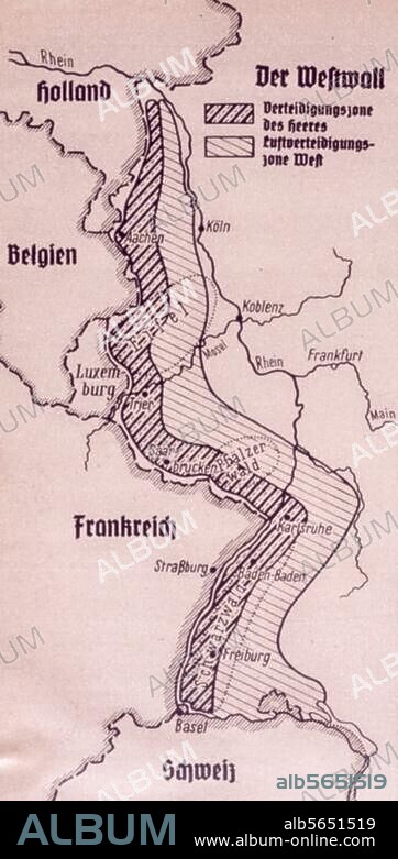 ANONYMOUS. Germany / Siegfried Line (Westwall). (ring of fortifications at the Western frontier fr. Aachen to the Swiss border; built from May 1938 to August 1939 by order of Hitler). Map showing the defence area of the Siegfried Line (Westwall). Print, fr.: magazine "Der Schulungsbrief", 6th year, 10th issue, 1939.