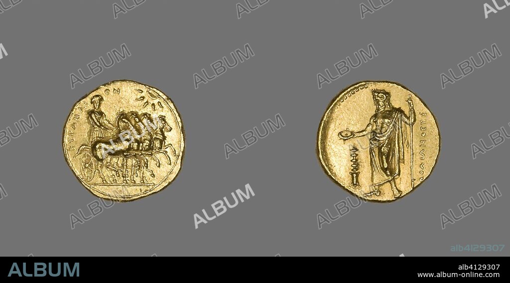 ANCIENT GREEK. Stater (Coin) Depicting a Quadriga. Greek, minted in Cyrene, North Africa. Date: 322 BC-308 BC. Dimensions: Diam. 2 cm; 8.69 g. Gold. Origin: Cyrene.