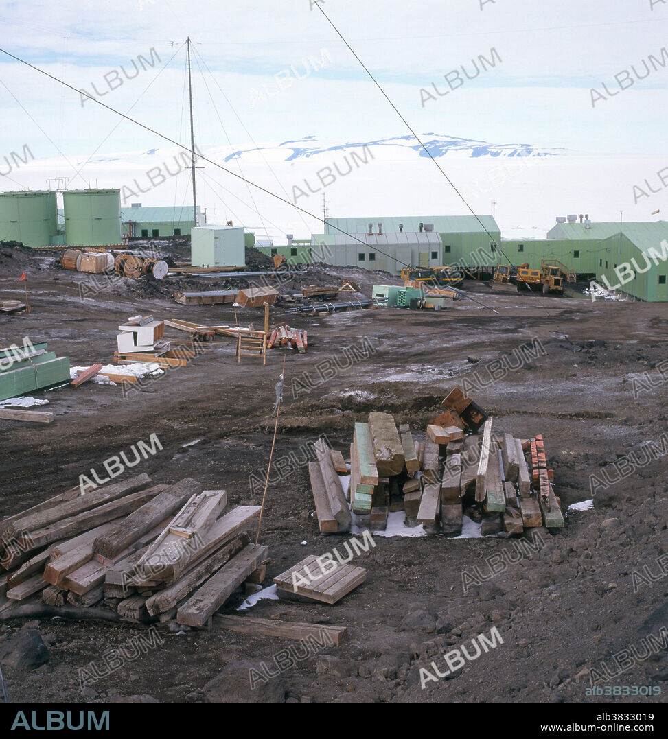 View of Scott Base, a scientific research center operated by New Zealand, located on Ross Island, Antarctica.