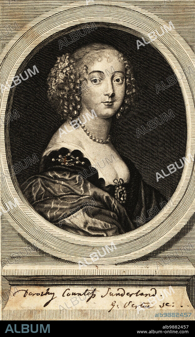 Dorothy Spencer, Countess of Sunderland (16171684), wife of Henry Spencer, 1st Earl of Sunderland, and the daughter of Robert Sidney, 2nd Earl of Leicester, and Lady Dorothy Percy. Copperplate engraving by George Vertue after a painting by Anthony van Dyck, published in London, 1790s.