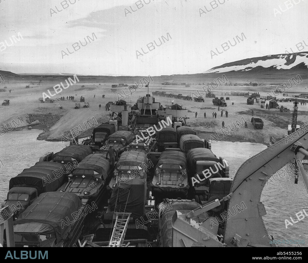 Vehicles Ferried to Greenland Base A ship loaded with trucks is