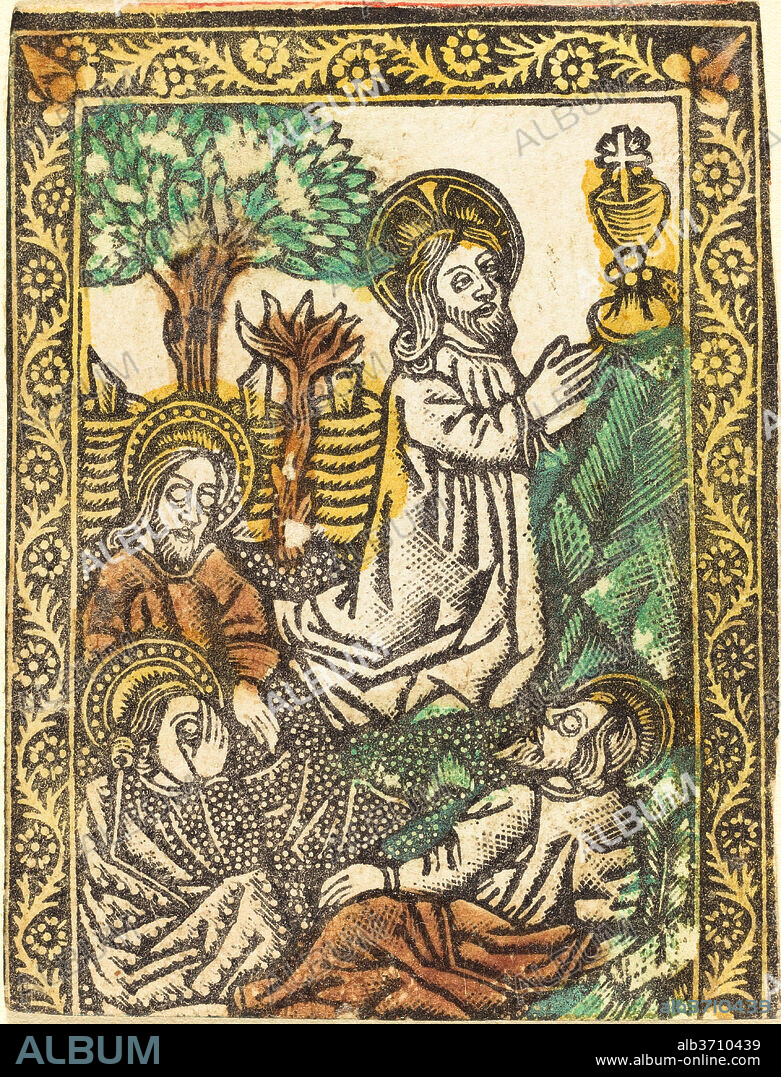 WORKSHOP OF MASTER OF THE BORDERS WITH THE FOUR FATHERS OF THE CHURCH. Christ on the Mount of Olives. Dated: 1460/1480. Medium: metalcut, hand-colored in yellow, red-brown lake, and green.