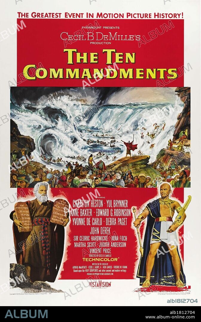 Affiche de THE TEN COMMANDMENTS, 1956, réalisé par CECIL B DEMILLE. Copyright PARAMOUNT PICTURES.