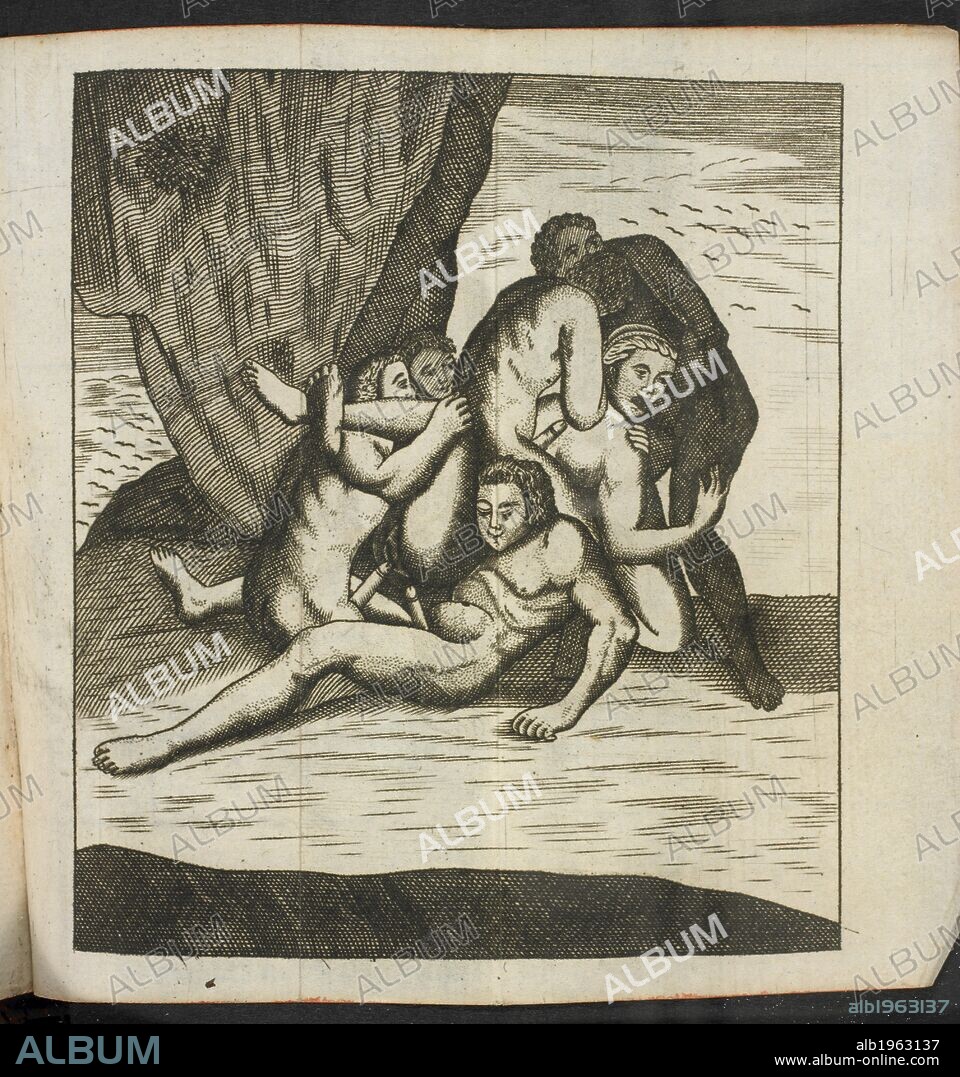 An engraving from a book about the life of a woman. One woman and a group  of several men having sex. . Joannis Meursii ElegantiÃ¦ Latini sermonis.  (AloisiÃ¦ SigeÃ¦ ... Sat - Album alb1963137