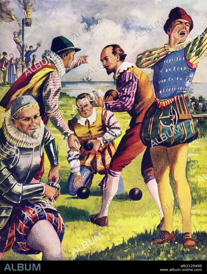 Sir Francis Drake playing bowls before the Spanish Armada. Album