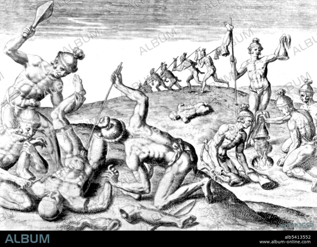 Group of cannibal Indians dismembering and cooking captive. Human cannibalism is the act or practice of humans eating the flesh or internal organs of other human beings. A person who practices cannibalism is called a cannibal. Cannibalism was practiced by humans in Prehistoric Europe, Mesoamerica, South America, among Iroquoian peoples in North America, Maori in New Zealand, the Solomon Islands, parts of West Africa and Central Africa, some of the islands of Polynesia, New Guinea, Sumatra, and Fiji once known as the Cannibal Isles. Engraving by Theodore de Bry, 1591. (cropped and cleaned).