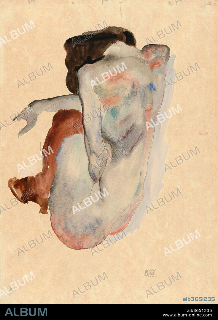 Crouching Nude in Shoes and Black Stockings, Back View. Artist: Egon Schiele (Austrian, Tulln 1890-1918 Vienna). Dimensions: 19 in. × 12 3/4 in. (48.3 × 32.4 cm). Date: 1912.