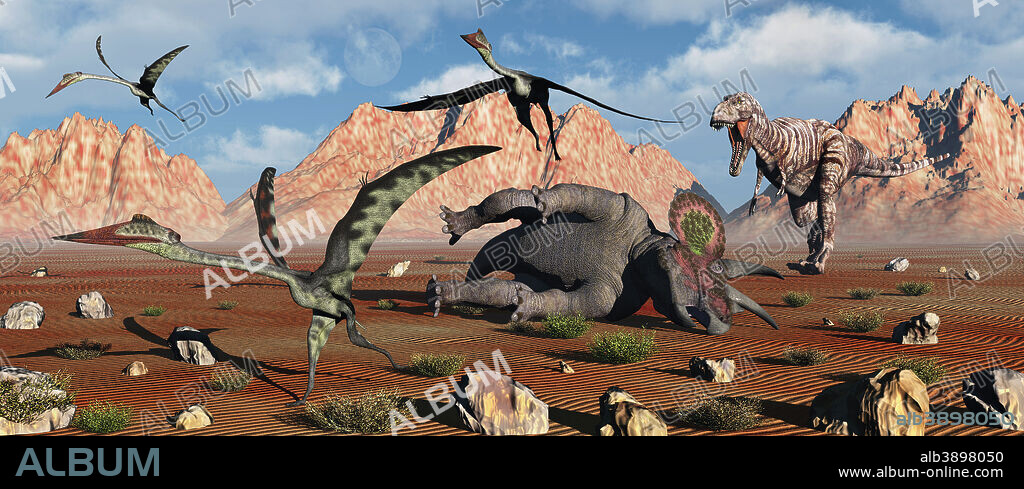 Giant Quetzalcoatlus flee from their scavaging as a Tyrannosaurus Rex comes to claim their meal.