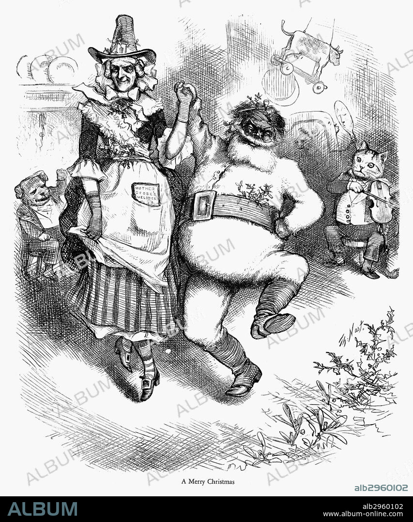 THOMAS NAST: CHRISTMAS.'A Merry Christmas.' Mother Goose and Santa Claus dancing along with the characters from the nursery rhyme 'Hey Diddle Diddle.' Wood engraving after a drawing by Thomas Nast, 1880.