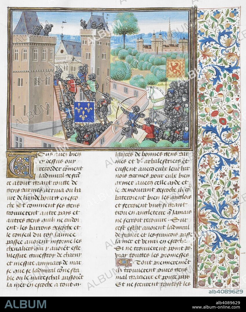 JEAN FROISSART. Capture of Wark Castle. Text and floral border. Chroniques. Netherlands, S. Last quarter of the 15th century, before 1483. Source: Royal 18 E. I f.345. Language: French.