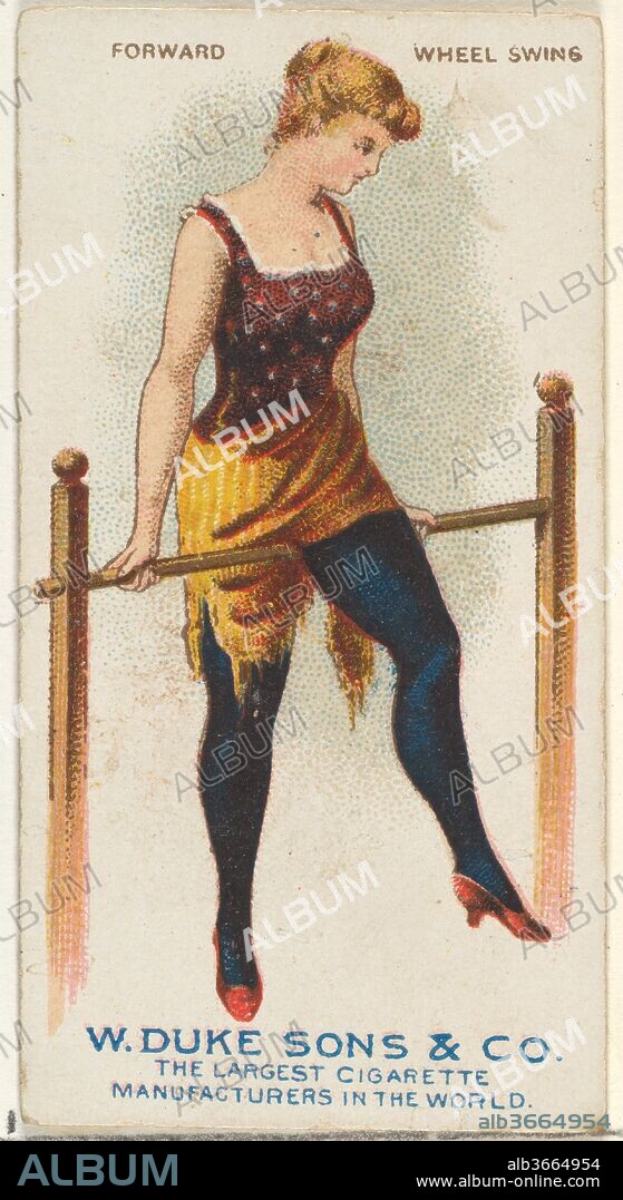 Forward Wheel Swing, from the Gymnastic Exercises series (N77) for Duke brand cigarettes. Dimensions: Sheet: 2 3/4 x 1 1/2 in. (7 x 3.8 cm). Publisher: Issued by W. Duke, Sons & Co. (New York and Durham, N.C.). Date: 1887.
Trade cards from the "Gymnastic Exercises" series (N77), issued in a set of 25 cards in 1887 to promote W. Duke Sons & Co. brand cigarettes. There are two versions of the series. All images are the same but the printed text is blue in one set and brown in the other.