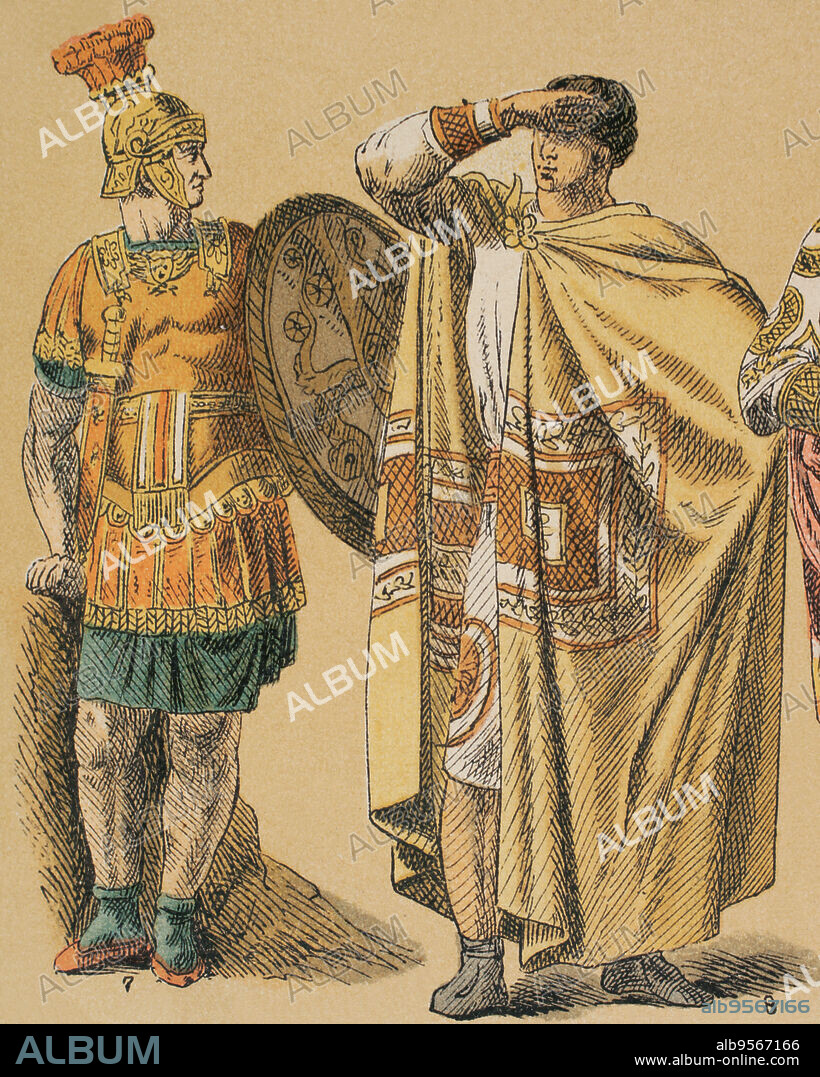 Roman Age. From left to right: 7- Roman emperor or general-in-chief, 8- high-ranking Byzantine costume. Chromolithography. "Historia Universal", by César Cantú. Volume II, 1881.