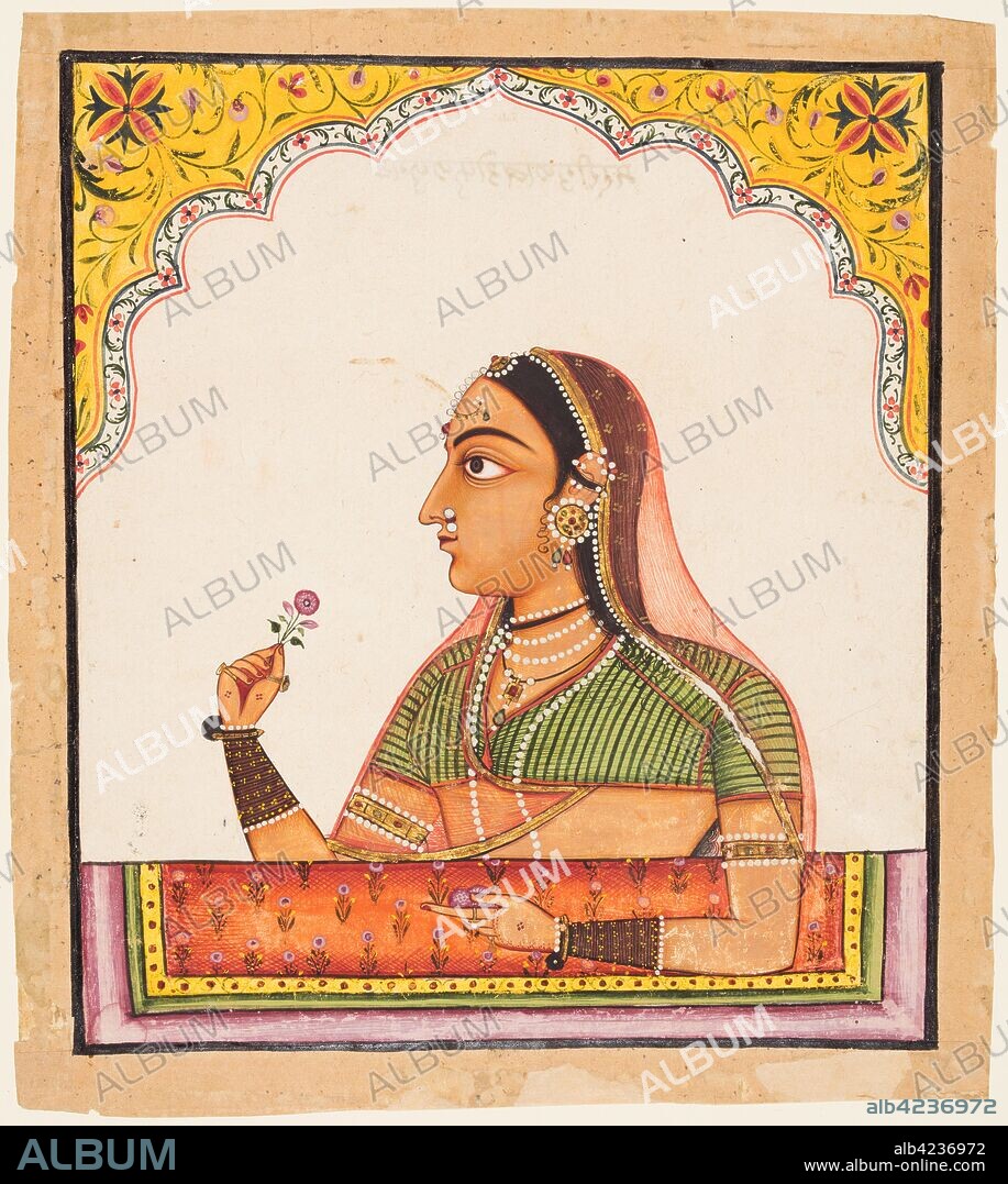 From a series of female portraits: A lady at a jharoka window holding a rose, c. 1730. India, Rajasthan, Sawar. Color on paper; page: 28 x 25.2 cm (11 x 9 15/16 in.); miniature: 24.8 x 21.6 cm (9 3/4 x 8 1/2 in.).