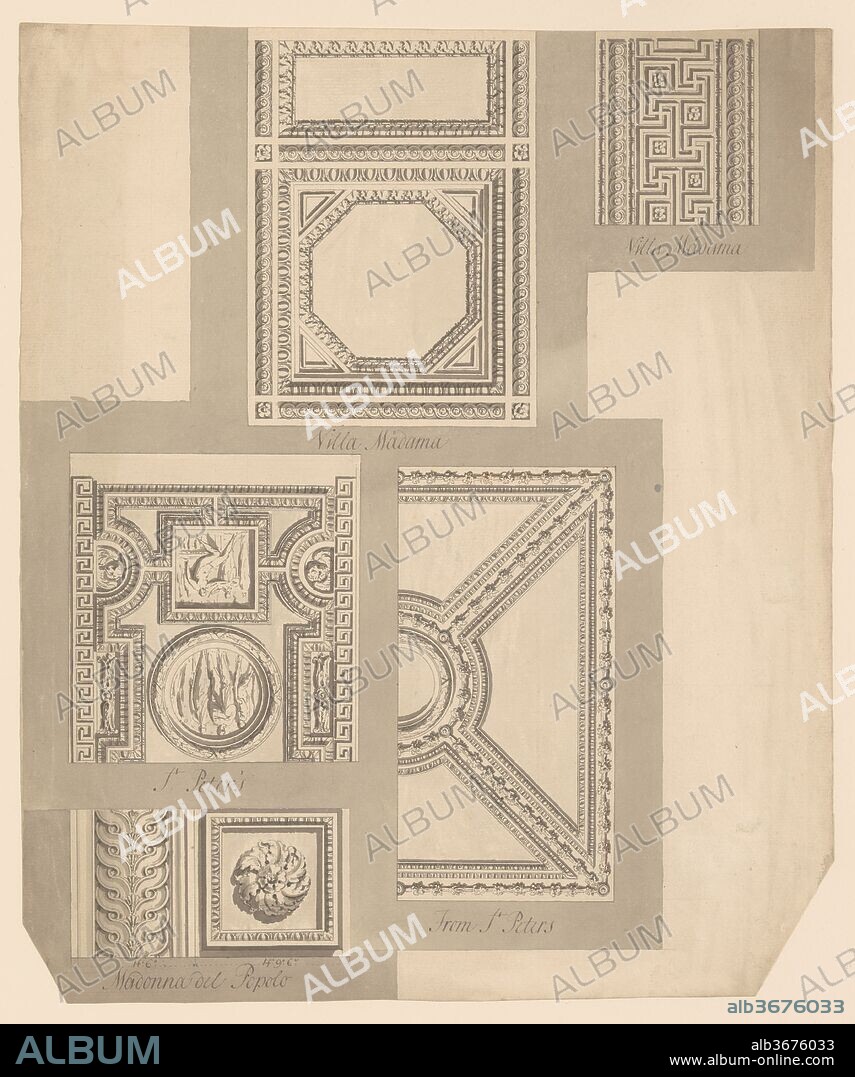 Details of Ceilings, Villa Madama, St. Peter's and Madonna del Popolo. Artist: Sir William Chambers (British (born Sweden), Göteborg 1723-1796 London). Dimensions: sheet: 16 1/4 x 14 in. (41.2 x 35.5 cm). Date: ca. 1750-55.