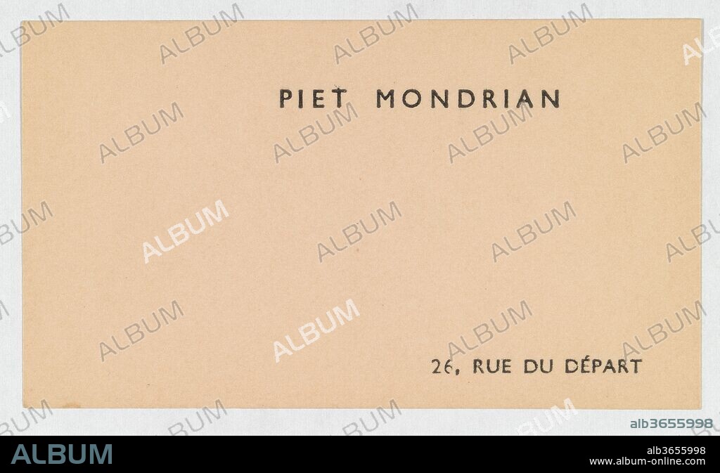 ANÓNIMO. Piet Mondrian, calling card. Artist: Anonymous. Dimensions: Sheet: 1 3/4 × 3 1/16 in. (4.4 × 7.7 cm). Date: ca. 1919-38.
Between the years of 1977 and 1989, F. C. Schang donated a group of 64 artists' calling cards to the Metropolitan Museum of Art. Schang began collecting calling cards as an accompaniment to his stamp collection; however, the former eventually eclipsed the latter. Now a part of the Drawings and Prints Department's permanent collection, the calling cards are housed in an album that also includes Schang's collection of stamps and other ephemera. 
Calling cards are thought to have originated in Britain with the habit of writing messages on the backs of playing cards. Ladies used hearts while men chose from diamonds or spades. Special cards designed for such messages began to appear in the mid-18th century. Printed with one's name and, later, their address, engraved calling cards were originally used only by the nobility and upper class. Those who could not afford to have cards printed would write their names on white paper or unglazed pasteboard. 
By the beginning of the 19th century, the calling card was a firmly-established social necessity. For many, the card was used for dating, or "calling" upon a potential love interest. But it became popular among artists as well, many of whom used them to send notes and direct potential patrons to their studio. (See: Banfield 1989, pp. 1-4.).