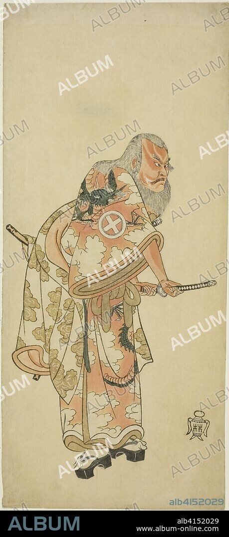 The Actor Otani Hiroemon III as Hige no Ikyu in the scene "Sukeroku" in the play "Hitokidori Harutsuge Soga" ("The Soga Play: Announcement of the Spring Season by the Bush Warbler"). Katsukawa Shunsho ?? ??; Japanese, 1726-1792. Date: 1759-1769. Dimensions: 33.8 x 14.5 cm (13 x 5 5/8 in.). Color woodblock print; hosoban; left sheet of diptych (?). Origin: Japan.