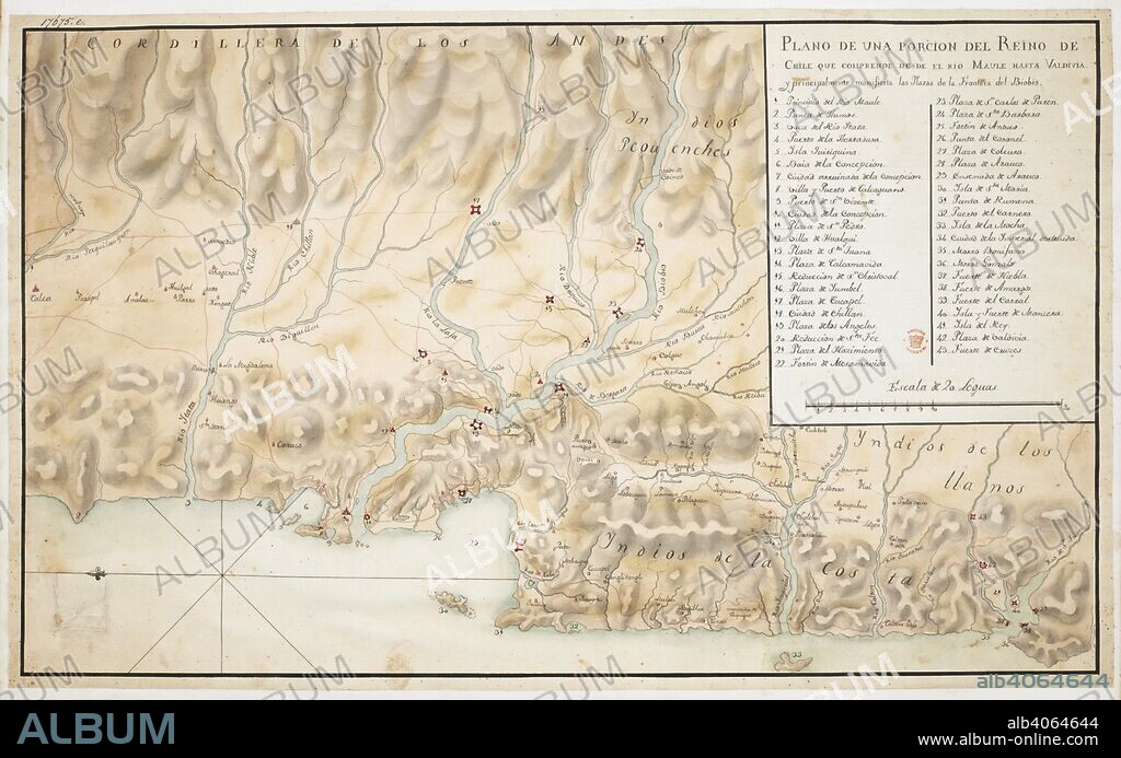 Map of Concepcion and surrounding area, in Chile, orientated with East at the top, with scale, three and a half leagues to an inch, and a key. Plano de una Porcion del Reino de Chile. 18th century. Source: Add. 17675 E. Language: Spanish.