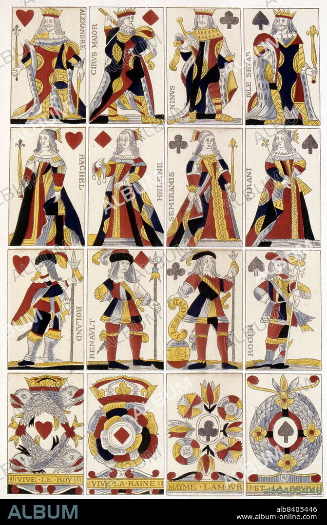 Coloured illustration of playing cards of kings, queens and aces published  by J. Leblond - Album alb8405446