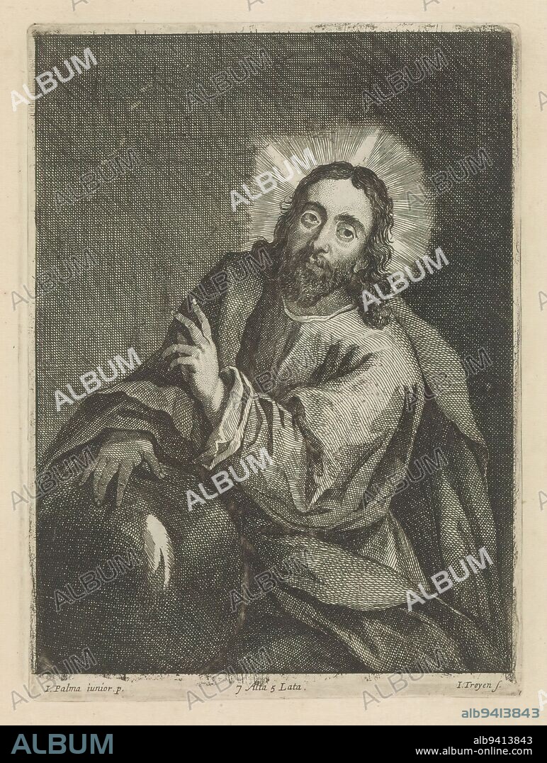 Christ as Salvator Mundi, Christ as savior of the world. His right hand rests on a globe. With his left hand he makes a blessing gesture. This print is part of an album., print maker: Jan van Troyen, (mentioned on object), after painting by: David Teniers (II), after painting by: Jacopo Palma (il Giovane), (mentioned on object), print maker: Southern Netherlands, (possibly), after painting by: Southern Netherlands, after painting by: Italy, publisher: Brussels, 1660, paper, etching, height 235 mm × width 171 mm.