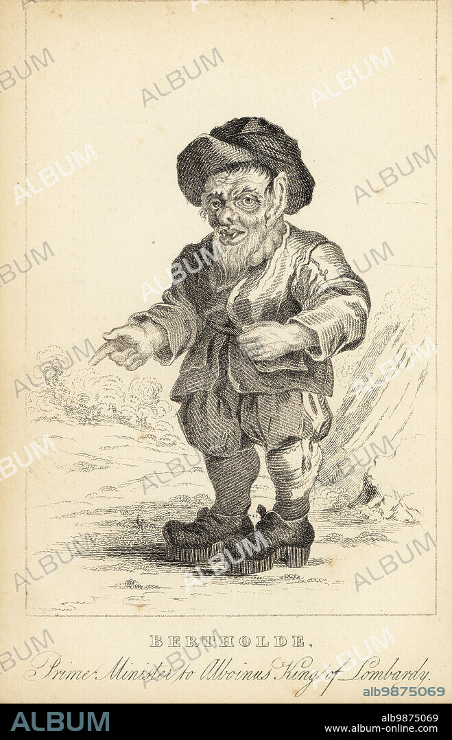 Bertoldo or Berholde, crafty peasant who became a favorite of King Alboin of Lombardy, 568-572. Bertholde, Prime Minister to Albinus King of Lombardy. Lithograph after a stipple engraving by R. Cage from Henry Wilson and James Caulfields Book of Wonderful Characters, Memoirs and Anecdotes, of Remarkable and Eccentric Persons in all ages and countries, John Camden Hotten, Piccadilly, London, 1869.