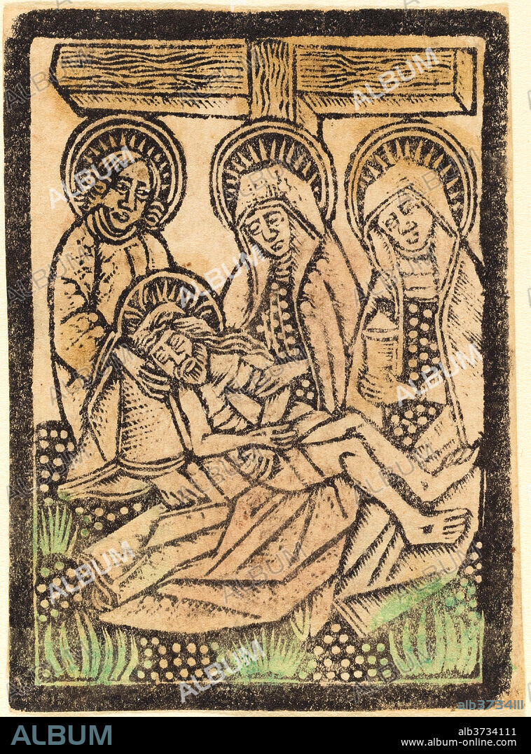 WORKSHOP OF MASTER OF THE AACHEN MADONNA. The Pietà. Dated: 1470/1480. Medium: metalcut, hand-colored in green, light rose, and yellow.