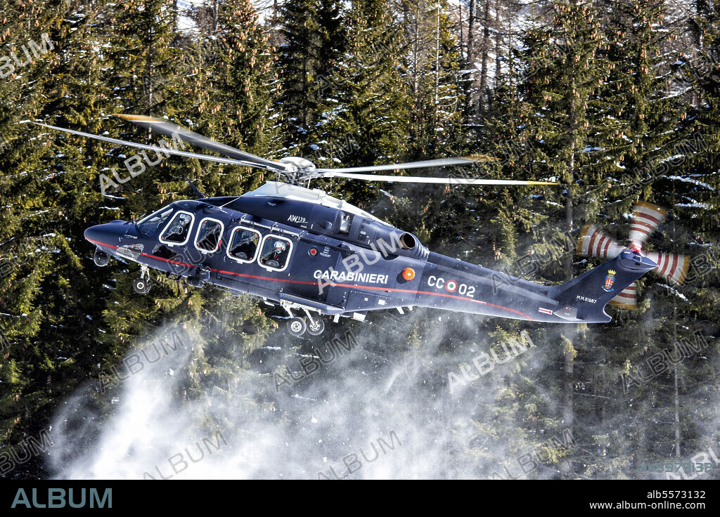 Italian Arma dei Carabinieri new Agusta Westland AW-139 helicopter in service during the Cortina 2021 FIS Alpine World Ski Championships in Italy.