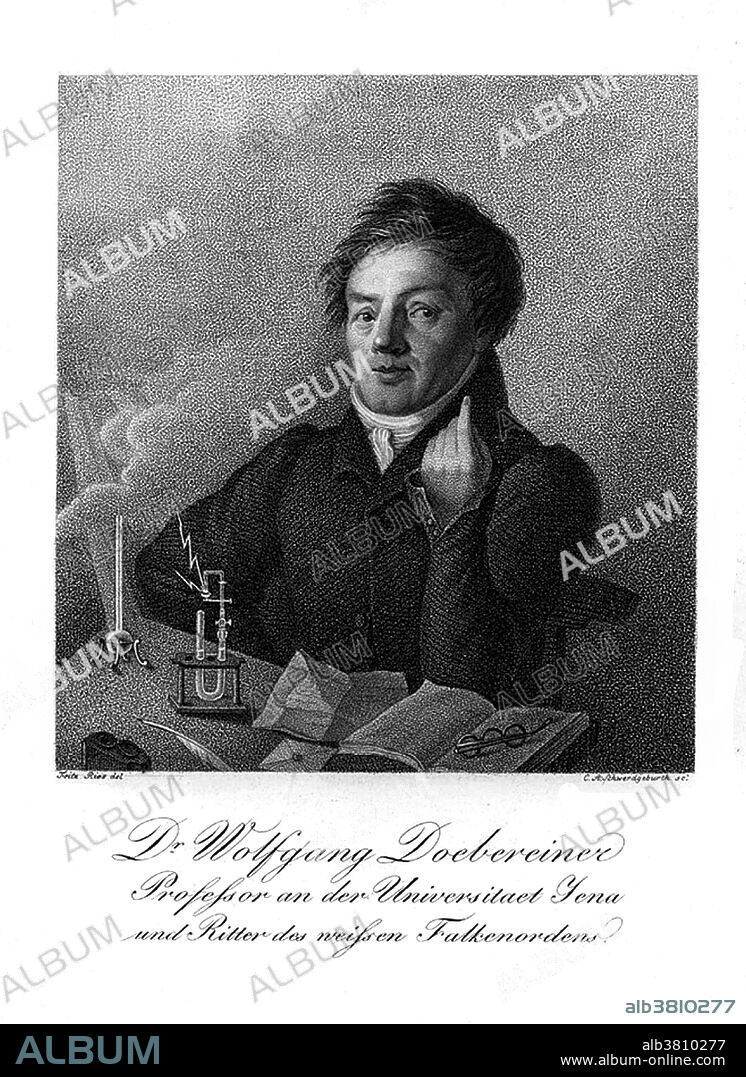 Johann Wolfgang Dobereiner (December 13, 1780 - March 24, 1849) was a German chemist. He had little formal schooling, was apprenticed to an apothecary, but attended science lectures and read whatever he could get his hands on. He eventually became a professor at the University of Jena in 1810. In 1829 he discovered trends in certain properties of selected groups of elements. The average atomic mass of lithium and potassium was close to the atomic mass of sodium. A similar pattern was found with calcium, strontium, and barium, with sulfur, selenium, and tellurium, and also with chlorine, bromine, and iodine. The densities for some of these triads followed a similar pattern. These sets of elements became known as "Dobereiner's Triads", one of the forerunners of Mendeleyev's periodic table. He is also remembered for his work on the use of platinum as a catalyst, and for a lighter, known as Dobereiner's lamp in which zinc metal reacted with sulfuric acid to produce hydrogen gas. When the valve was opened, a jet of hydrogen was released and bursts into flame. The ignition was catalyzed by platinum metal. He died in 1849 at the age of 68.