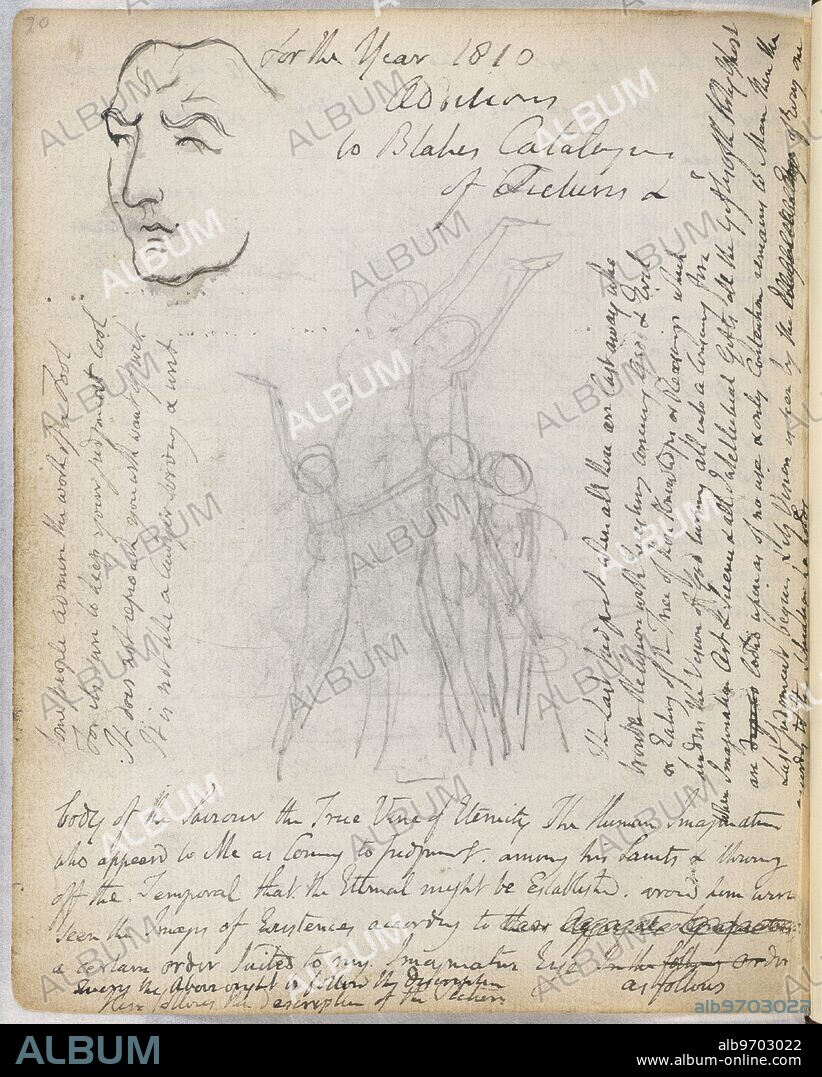 Sketches and poems of William Blake, c1787-1818. Sketch of a stern face, outlined like a mask. Large sketch of the three weavers, related to Blake's Arlington Court picture; all hold shuttles, one is a child, who joins hands with two others around the adults. Autograph draft of Blake's poem "Some people admire the work of a Fool"; and lines from "Vision of the Last Judgment". From the notebook of William Blake.