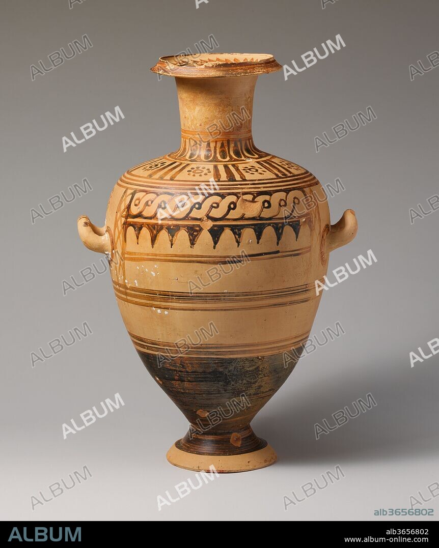 Terracotta Hadra hydria (water jar). Culture: Greek, Ptolemaic, Cretan. Dimensions: h. 18 1/4 in. (46.4 cm); d. 10 1/8 in. (25.7 cm). Date: late 3rd century B.C..
inscribed on neck "AR"
This Hadra hydria is somewhat unusual: its shape is slightly more attenuated then most; its lower body is glazed to the foot; and it has a twisted back handle, a less common but not altogether rare variation, seen as well on 90.9.16 nearby. The inscription may be an abbreviation of "Architheoros," a title referring to the priest of a sacred embassy, and thus may allude to the vocation of the deceased whose remains were once contained within this vessel.