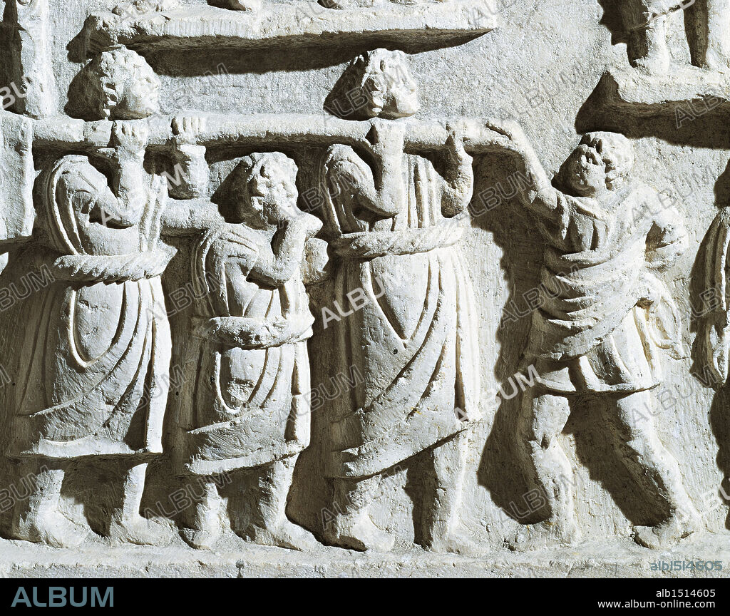 Roman civilization, 1st century b.C. Fragment of a marble relief depicting a funeral cortege. From the archaeological site of Amiternum in the surroundings of San Vittorino, L'Aquila Province, Italy.