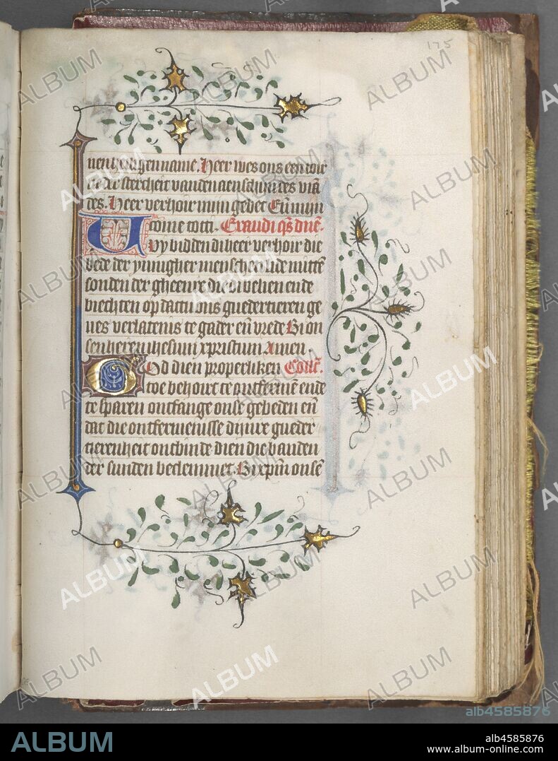 Book of Hours (Use of Utrecht): fol. 175r, Text, c. 1460-1465. This manuscript is a collaborative effort of two talented illuminators with distinctive styles. Ninety-seven historiated initials (letters containing scenes), including the one on recto (right side) shown here, are by the Master of the Boston City of God, a painter who worked in Utrecht. Four full-page miniatures (small paintings), including the Nativity on the verso (left side), have recently been attributed to the Master of Gijsbrecht van Brederode. The background of the Nativity depicts a distant cityscape (perhaps Utrecht), adjacent to which may be seen the Journey of the Magi and the Annunciation to the Shepherds. In the left margin, the Virgin Mary (above) appears to the Roman Emperor Augustus and the Tiburtine Sibyl, who, according to legend, foretold the coming of Christ. This volume is not written in Latin, but in a Dutch littera textualis, an elegant Gothic bookhand.