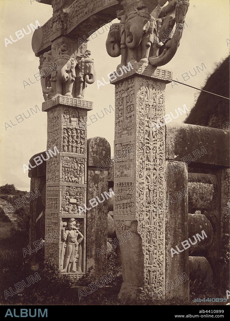 Pillar of Northern Gate from West, Sanchi, Lala Deen Dayal (Indian, 1844 - 1905), Sanchi, India, 1885–1887, Albumen silver print, 25.9 × 19.6 cm (10 3/16 × 7 11/16 in.).