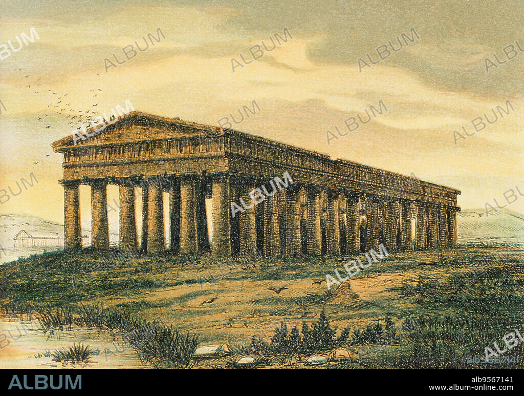 Magna Graecia (southern Italy). Temple of Neptune, in Paestum (Greek colony). Chromolithography. "Historia Universal", by César Cantú. Volume II, 1881.