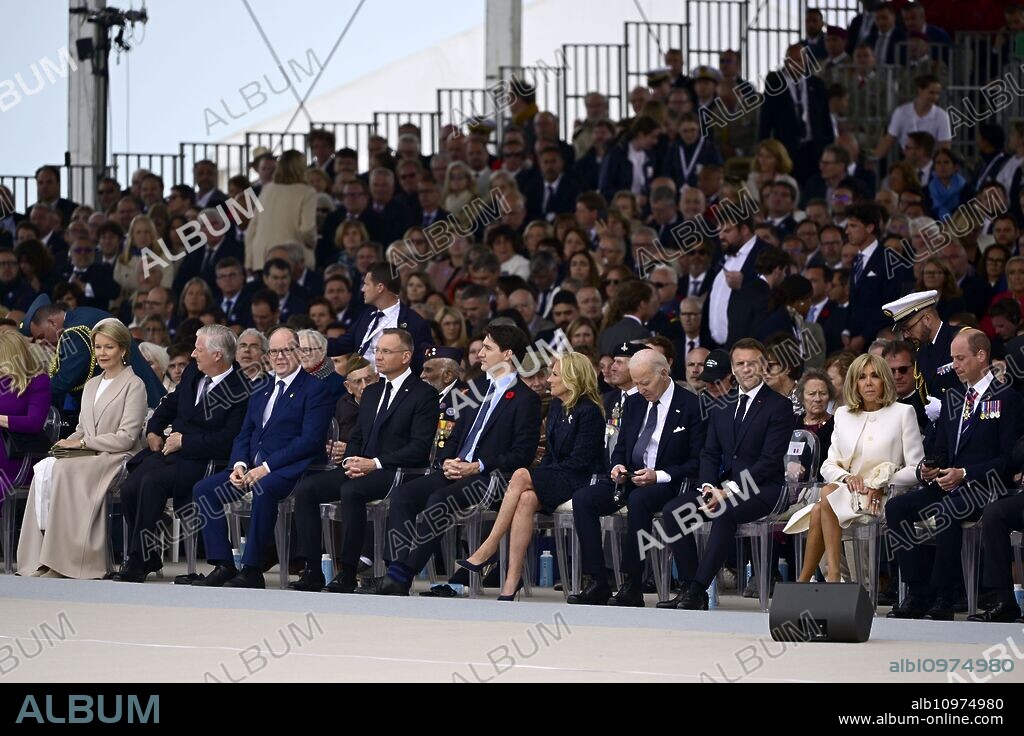 ALBERT II DE MONACO, JILL BIDEN, JOE BIDEN, BRIGITTE MACRON, EMMANUEL MACRON, QUEEN OF BELGIUM MATHILDE, KING OF BELGIUM PHILIPPE and Prince William of Wales. June 6, 2024, Saint-Laurent-Sur-Mer, France: Queen Mathilde of Belgium, King Philippe - Filip of Belgium, Prince Albert of Monaco, Poland president Andrzej Duda, Prime Minister of Canada Justin Trudeau, US First Lady Jill Biden, US President Joe Biden, President of France Emmanuel Macron, First Lady of France Brigitte Macron and Britain's Prince William The Duke of Cambridge pictured during an international ceremony on Omaha Beach in the context of the commemoration of the 80th anniversary of the Normandy landings, in Saint-Laurent-sur-Mer, France, Thursday 06 June 2024. Today it is exactly 80 years ago that 'Operation Overlord' started in Normandy (D-Day), the Allies' operation against the occupation of Western Europe by Nazi Germany. The operation heralded the end of the Second World War. (Credit Image: © Dirk Waem/Belga via ZUMA Press).