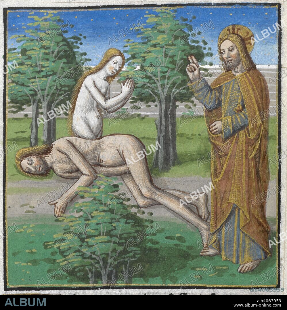 Adam and Eve being blessed by, God in the garden of Eden ?. Cy commence  Ouide de SalmoneÌ„n son liure jntitule Metamorphose. ContenaÌ„t XV. liures  particuliers moralisie p - Album alb4063959