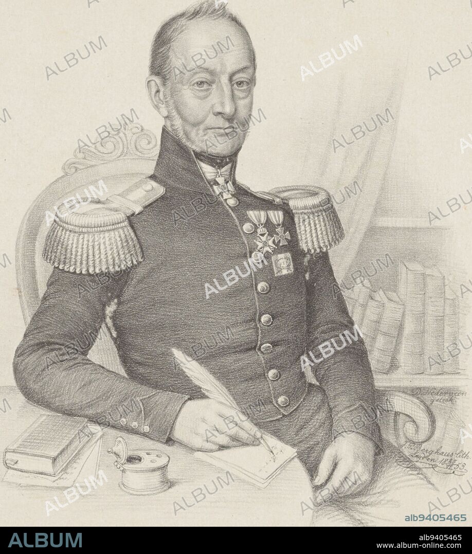 The person portrayed is sitting at a table in a military uniform. He wears two knighthoods on his chest and one around his neck. Behind him a bookcase. On the table are a book, sheets of paper and an inkwell. His right arm is leaning on the table. With his right hand he is writing, with a quill, on a sheet of paper, Portrait of J.H. Nägeli., print maker: Johann Peter Berghaus, (mentioned on object), Daniël Nederveen, (mentioned on object), print maker: Leiden, Den Bosch, 25-Jun-1853, paper, h 365 mm × w 275 mm.