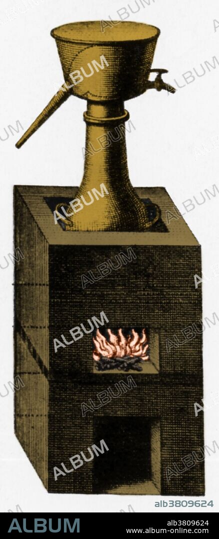 Different types of apparatus used by 18th century chemists. Shown here is an alembic, or distilling appartus, which still held an honorable place in chemistry, and was used to separate substances into their constituent parts. This one was designed by Abbe Nollet.