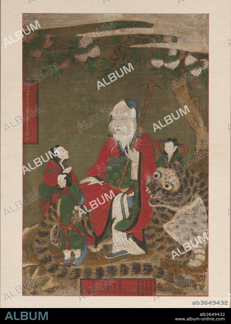 Mountain god with tiger and attendants. Culture: Korea. Dimensions: 35 1/2 × 23 1/2 in. (90.2 × 59.7 cm). Date: 1874.
This painting features a mountain god in the guise of a benevolent-looking old man--wearing a red robe and a green sash embellished with gold-painted designs and holding a wooden staff--seated on a tiger. The beast, despite its huge glaring eyes and bared teeth, looks more comical than ferocious, as is typical of tigers in nineteenth-century Korean painting. Three young male attendants flank the deity: their small size reflects both their youth and their lesser stature relative to the mountain god. Behind the figures stands a peach tree, symbol of longevity.
In the Korean native religion, the tiger was worshipped as a deity of the mountains. In Buddhism the Flower Garland (Avatamsaka) Sutra lists the mountain deity as one of 39 Protectors of the (Buddhist) Law. Late Joseon-period paintings of the mountain god represent a confluence of the native tradition and Buddhist influence. Typically, as in this work, the tiger is depicted both in its anthropomorphic form and as an animal. There are two cartouches on this painting: the vertical one at left identifies the subject matter as the Buddhist mountain god mentioned in the Flower Garland Sutra, and the horizontal one at bottom center provides the cyclical date corresponding to 1874 and some minimal information on the donors.