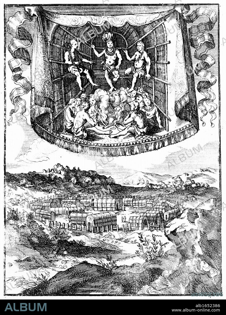 Top: Chief Wahunsonacock (father of Pocahontas) head of Powhatan confederacy of Algonquin - speaking tribes smoking in his hut. Below: Palisaded village of huts typical of Virginia and east shore of Chesapeake Bay. Copperplate engraving 1686.