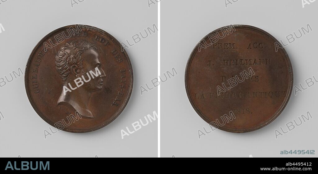 Royal Academy of Visual Arts in Brussels, medal awarded to J. Heilmann, in honor of Willem I Frederik, King of the Netherlands, Bronze medal. Front: man's bust inside the inside. Reverse: inscription, Kantschrift, Brussels, Willem I Frederik (King of the Netherlands), Royal Academy of Fine Arts (Brussels), Joseph Pierre Braemt, 1818, bronze (metal), engraving, d 3.7 cm × w 221 gr.