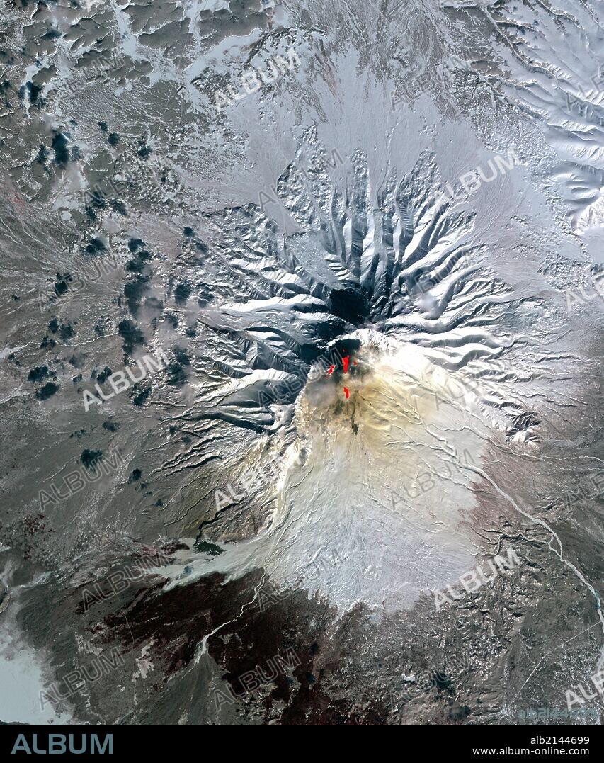 Sheveluch Volcano in Kamchatka, Siberia, Russia, is one of the frequently active volcanoes located in eastern Siberia. March 26, 2010. Satellite image. (Photo by: Universal History Archive/UIG via Getty Images).