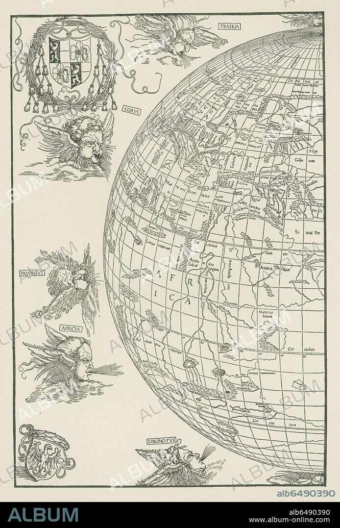 ALBRECHT DÜRER. World Map of Johannes Stabius (Mappa mundi). Dated 1515. 
Woodblock (printed from four blocks), 645 x 850mm. 
For the right part see 33-02-03/18.