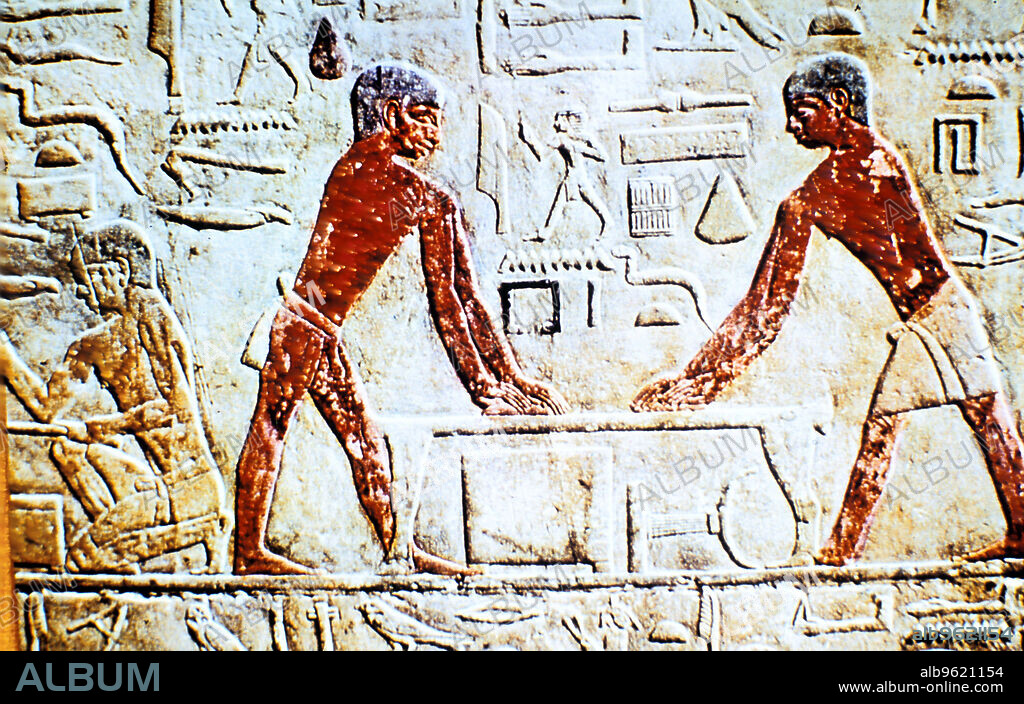 Wall painting from the tomb of Ti, Saqqara, Ancient Egypt, Early 5th Dynasty, c2498-2450 BC. A detail of a painted relief showing two carpenters at work. Ti was a royal hairdresser as well as having responsibility for administering farms and livestock belonging to the royal family.