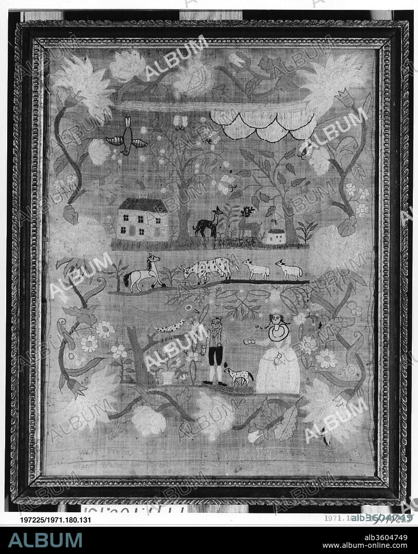 Embroidered Sampler. Culture: American. Dimensions: 20 1/2 x 18 in. (52.1 x 45.7 cm). Maker: Mary Waine (born 1783). Date: ca. 1795.
The sentiment expressed in the motto on this freely designed sampler illustrates the attitude, pervasive in the eighteenth century, that female education was necessary only to provide something for a woman to fall back on in the unlikely event that all other options for support failed. Most of the middle- and upper-class girls who made samplers would never have to work outside the home to support themselves, so the poor (by today's standards) academic training they received seemed perfectly adequate for their expected futures as wives, mothers, and homemakers.